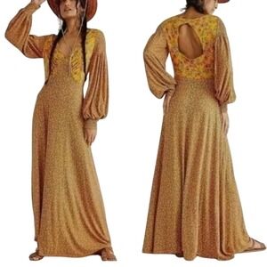 Free People Floral Maxi Dress Long Sleeve Open Back Boho Bohemian‎ Yellow NWT XS